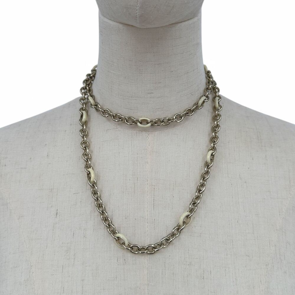 J Crew Long Chain Necklace Gold Tone with Cream Enamel Links Layering